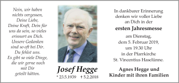 Traueranzeige von Josef Hegge von Neue Osnabrücker Zeitung GmbH & Co. KG