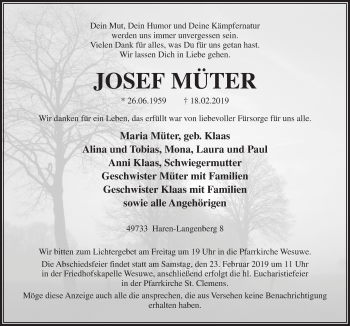 Traueranzeige von Josef Müter von Neue Osnabrücker Zeitung GmbH & Co. KG
