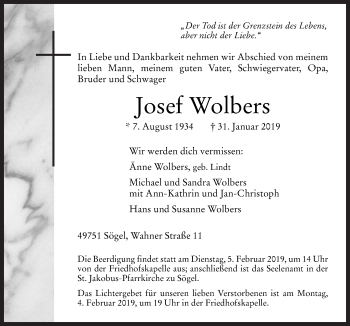 Traueranzeige von Josef Wolbers von Neue Osnabrücker Zeitung GmbH & Co. KG