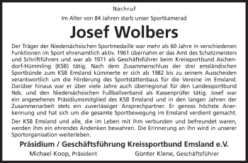Traueranzeige von Josef Wolbers von Neue Osnabrücker Zeitung GmbH & Co. KG