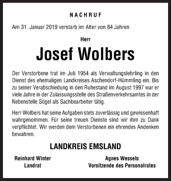 Traueranzeige von Josef Wolbers von Neue Osnabrücker Zeitung GmbH & Co. KG