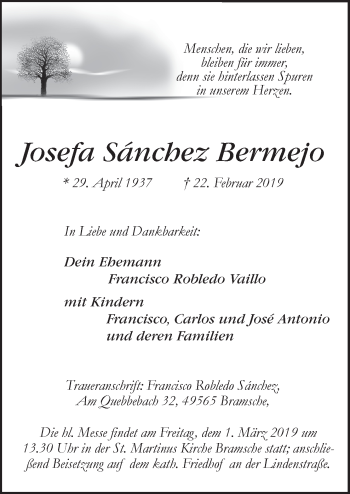 Traueranzeige von Josefa Sanchez Bermejo von Neue Osnabrücker Zeitung GmbH & Co. KG