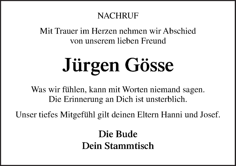  Traueranzeige für Jürgen Gösse vom 02.02.2019 aus Neue Osnabrücker Zeitung GmbH & Co. KG