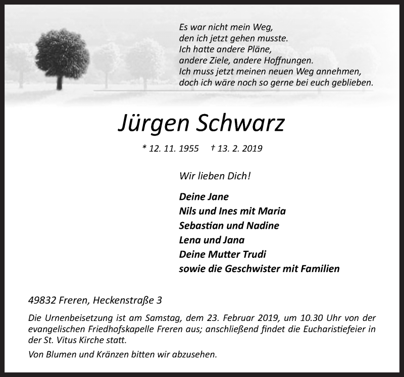  Traueranzeige für Jürgen Schwarz vom 16.02.2019 aus Neue Osnabrücker Zeitung GmbH & Co. KG