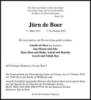 Traueranzeige von Jürn de Boer von Neue Osnabrücker Zeitung GmbH & Co. KG