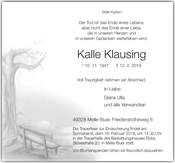 Traueranzeige von Kalle Klausing von Neue Osnabrücker Zeitung GmbH & Co. KG