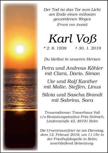 Traueranzeige von Karl Voß von Neue Osnabrücker Zeitung GmbH & Co. KG