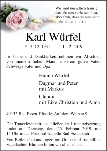 Traueranzeige von Karl Würfel von Neue Osnabrücker Zeitung GmbH & Co. KG