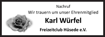 Traueranzeige von Karl Würfel von Neue Osnabrücker Zeitung GmbH & Co. KG