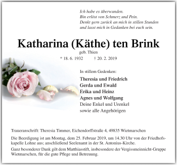 Traueranzeige von Katharina ten Brink von Neue Osnabrücker Zeitung GmbH & Co. KG