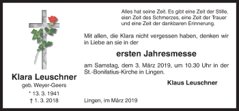 Traueranzeige von Klara Leuschner von Neue Osnabrücker Zeitung GmbH & Co. KG