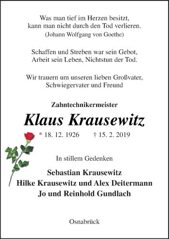 Traueranzeige von Klaus Krausewitz von Neue Osnabrücker Zeitung GmbH & Co. KG