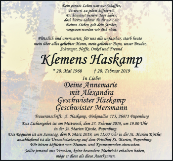 Traueranzeige von Klemens Haskamp von Neue Osnabrücker Zeitung GmbH & Co. KG