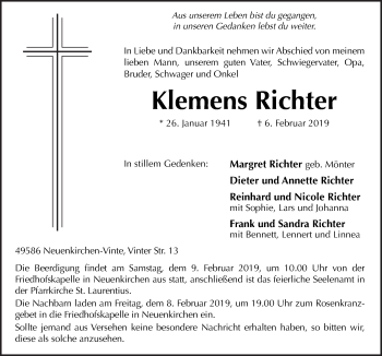Traueranzeige von Klemens Richter von Neue Osnabrücker Zeitung GmbH & Co. KG