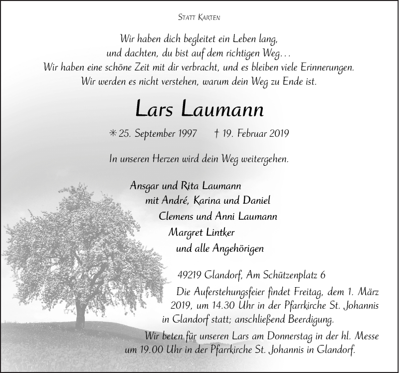  Traueranzeige für Lars Laumann vom 27.02.2019 aus Neue Osnabrücker Zeitung GmbH & Co. KG