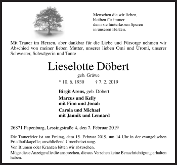 Traueranzeige von Lieselotte Döbert von Neue Osnabrücker Zeitung GmbH & Co. KG