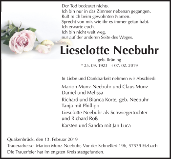 Traueranzeige von Lieselotte Neebuhr von Neue Osnabrücker Zeitung GmbH & Co. KG