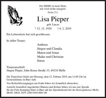 Traueranzeige von Lisa Pieper von Neue Osnabrücker Zeitung GmbH & Co. KG