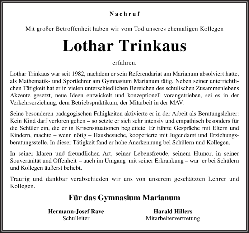  Traueranzeige für Lothar Trinkaus vom 18.02.2019 aus Neue Osnabrücker Zeitung GmbH & Co. KG