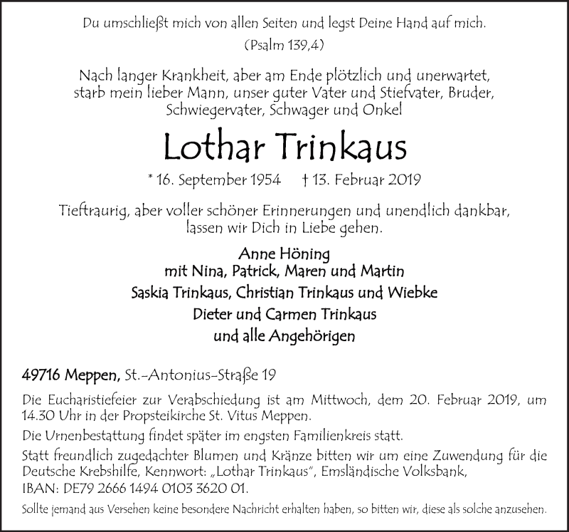  Traueranzeige für Lothar Trinkaus vom 16.02.2019 aus Neue Osnabrücker Zeitung GmbH & Co. KG