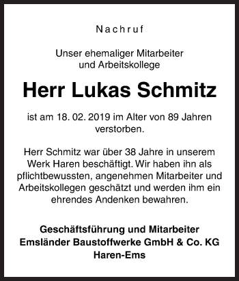 Traueranzeige von Lukas Schmitz von Neue Osnabrücker Zeitung GmbH & Co. KG