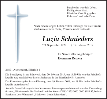 Traueranzeige von Luzia Schnieders von Neue Osnabrücker Zeitung GmbH & Co. KG