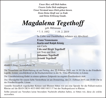 Traueranzeige von Magdalena Tegethoff von Neue Osnabrücker Zeitung GmbH & Co. KG
