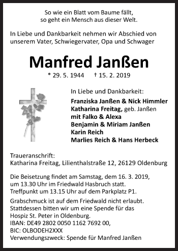 Traueranzeige von Manfred Janßen von Neue Osnabrücker Zeitung GmbH & Co. KG