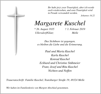 Traueranzeige von Margarete Kuschel von Neue Osnabrücker Zeitung GmbH & Co. KG