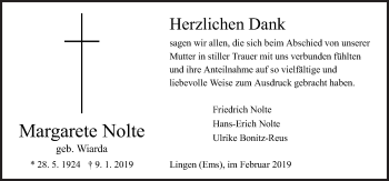 Traueranzeige von Margarete Nolte von Neue Osnabrücker Zeitung GmbH & Co. KG