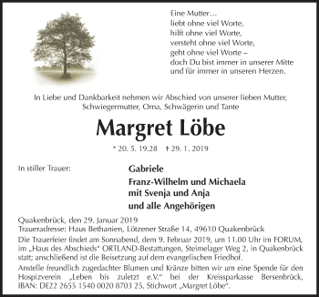 Traueranzeige von Margret Löbe von Neue Osnabrücker Zeitung GmbH & Co. KG
