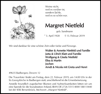 Traueranzeige von Margret Nietfeld von Neue Osnabrücker Zeitung GmbH & Co. KG