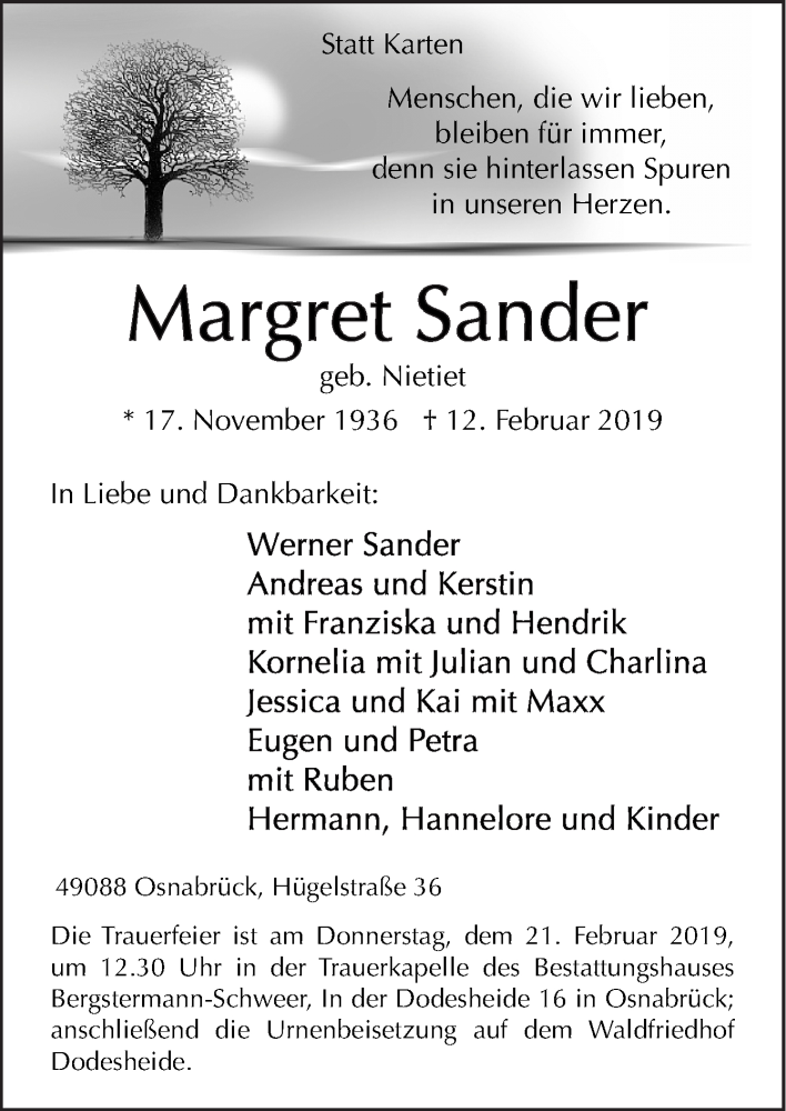  Traueranzeige für Margret Sander vom 16.02.2019 aus Neue Osnabrücker Zeitung GmbH & Co. KG