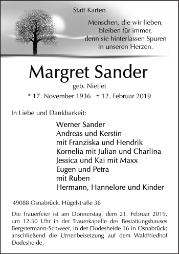 Traueranzeige von Margret Sander von Neue Osnabrücker Zeitung GmbH & Co. KG