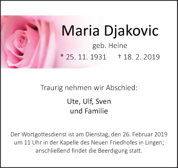 Traueranzeige von Maria Djakovic von Neue Osnabrücker Zeitung GmbH & Co. KG
