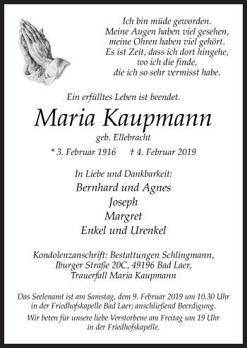 Traueranzeige von Maria Kaupmann von Neue Osnabrücker Zeitung GmbH & Co. KG