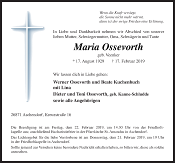 Traueranzeige von Maria Ossevorth von Neue Osnabrücker Zeitung GmbH & Co. KG