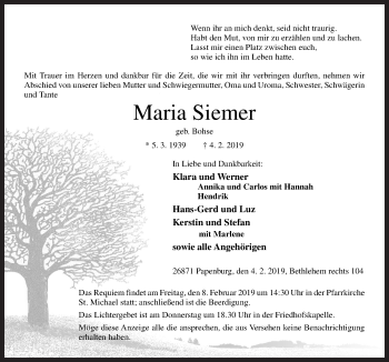 Traueranzeige von Maria Siemer von Neue Osnabrücker Zeitung GmbH & Co. KG