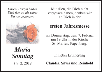 Traueranzeige von Maria Sonntag von Neue Osnabrücker Zeitung GmbH & Co. KG