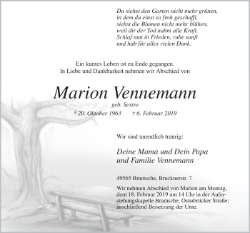Traueranzeige von Marion Vennemann von Neue Osnabrücker Zeitung GmbH & Co. KG