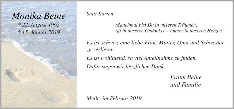  Traueranzeige für Monika Beine vom 16.02.2019 aus Neue Osnabrücker Zeitung GmbH & Co. KG