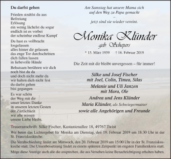 Traueranzeige von Monika Klünder von Neue Osnabrücker Zeitung GmbH & Co. KG