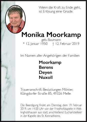 Traueranzeige von Monika Moorkamp von Neue Osnabrücker Zeitung GmbH & Co. KG