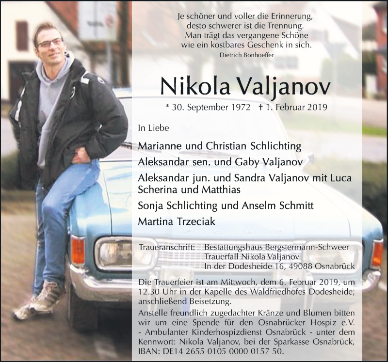  Traueranzeige für Nikola Valjanov vom 04.02.2019 aus Neue Osnabrücker Zeitung GmbH & Co. KG