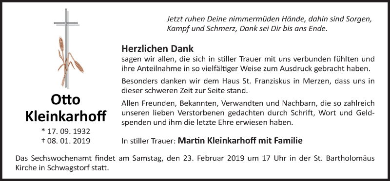  Traueranzeige für Otto Kleinkarhoff vom 20.02.2019 aus Neue Osnabrücker Zeitung GmbH & Co. KG