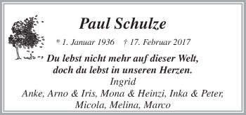 Traueranzeige von Paul Schulze von Neue Osnabrücker Zeitung GmbH & Co. KG
