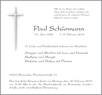 Traueranzeige von Paul Schürmann von Neue Osnabrücker Zeitung GmbH & Co. KG