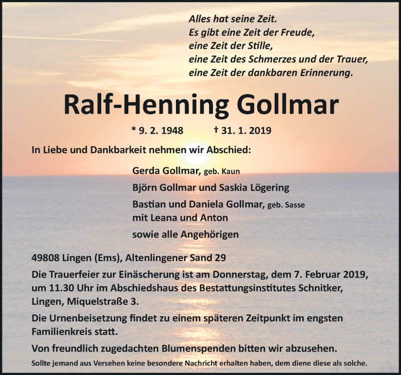 Traueranzeige für Ralf-Henning Gollmar vom 04.02.2019 aus Neue Osnabrücker Zeitung GmbH & Co. KG