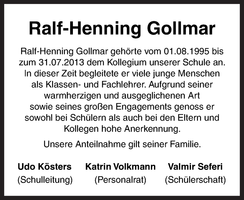  Traueranzeige für Ralf-Henning Gollmar vom 07.02.2019 aus Neue Osnabrücker Zeitung GmbH & Co. KG