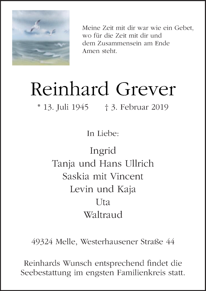  Traueranzeige für Reinhard Grever vom 05.02.2019 aus Neue Osnabrücker Zeitung GmbH & Co. KG